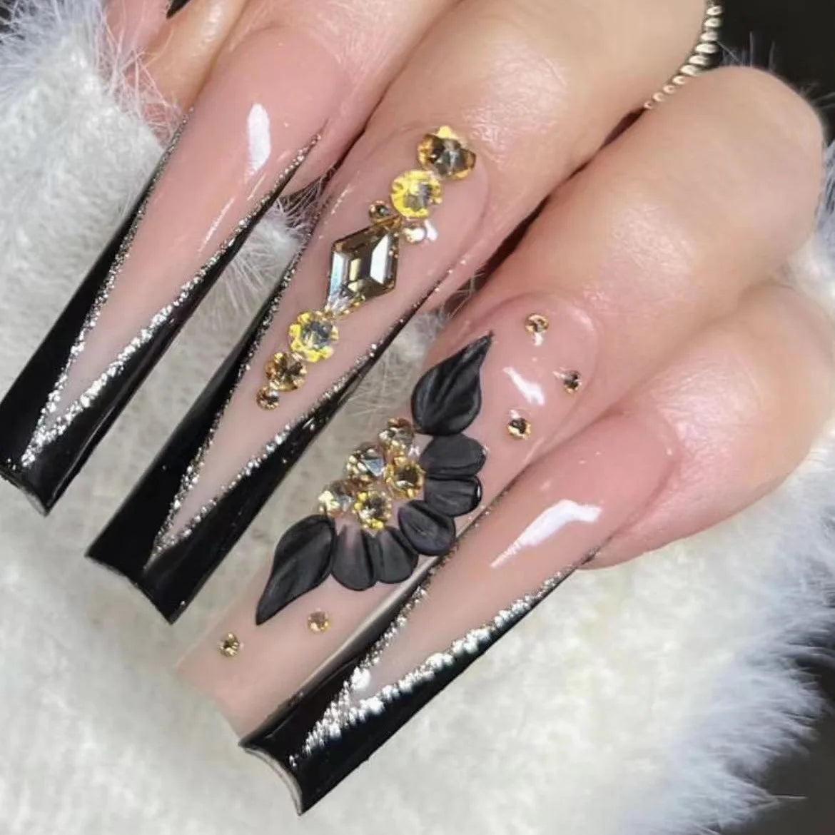 Ihomed 24Pcs Glitter Ballet False Nails Long Coffin Fake Nails with Flower Design Gold Powder French Press on Nails DIY Manicure Tips