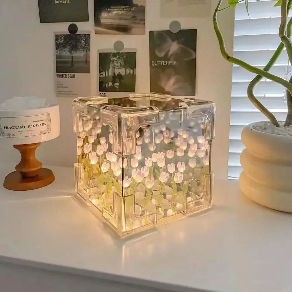 Ihomed Creative Diy Tulip Flower Sea Cube Three-Dimensional Small Night Lamp Material Package for Girlfriend Couple Girlfriends