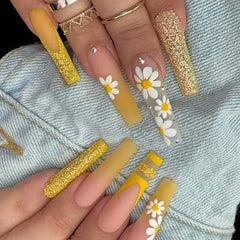 Ihomed 24Pcs Glitter Ballet False Nails Long Coffin Fake Nails with Flower Design Gold Powder French Press on Nails DIY Manicure Tips