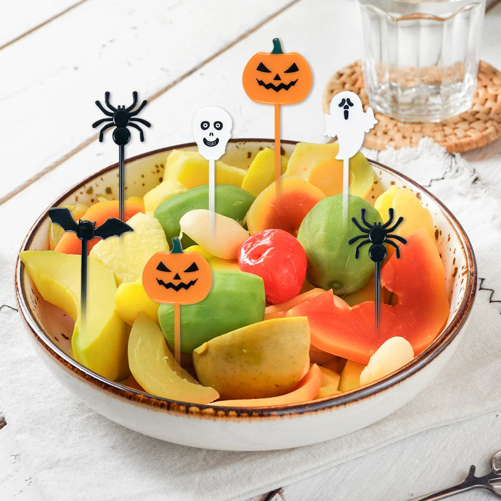 Ihomed 10-30pcs Plastic Halloween Toothpicks Pumpkin Ghost Bat Fruit Fork Dessert Cocktail Cake Decoration Picks Halloween party Supply