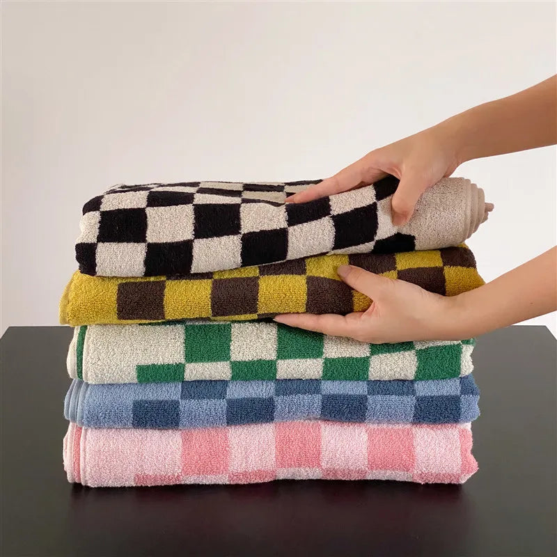 Ihomed Long-Staple Cotton Home Towels, Retro Color Matching Shower Towel, Checkerboard Plaid Face/ Hand/ Bath Towel, Soft Absorbent