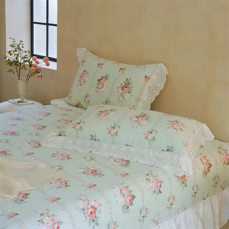 Ihomed Elegant Vintage Floral Lovely White Lace and Ruffle Chic 100%Cotton Girls Duvet cover set Soft Quilted Bedspread 2Pillowcases