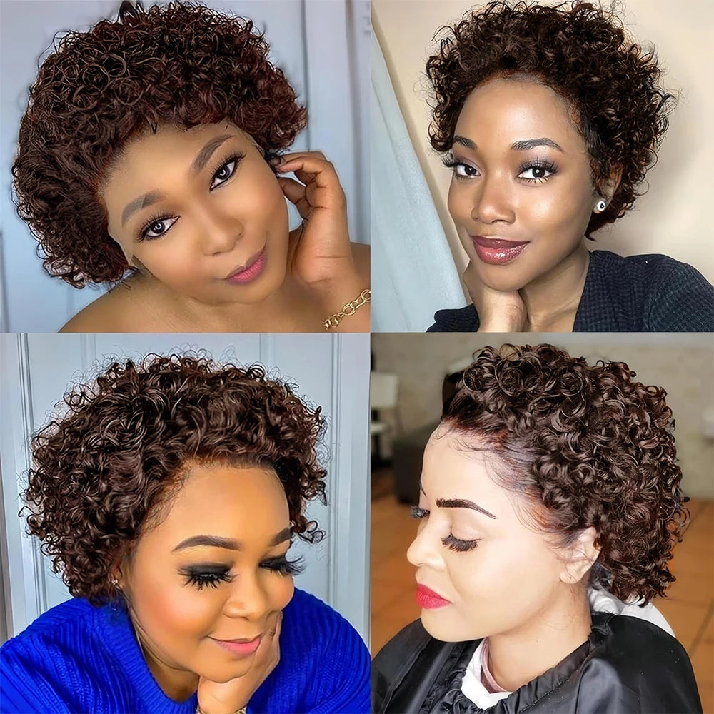 Ihomed Chocolate Brown Pixie Cut Human Hair Wigs Colored Short Bob Curly Lace Front Wigs For Women Water Wave 13x1 Lace Bob Human Hair