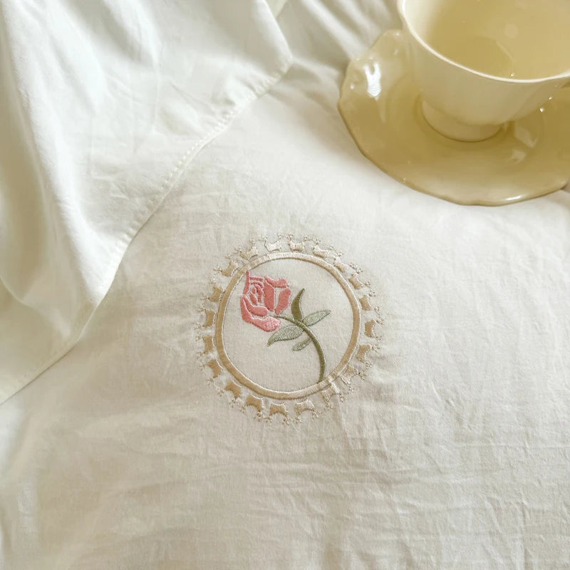 Ihomed Elegant Rose Embroidery Lace Ruffles Bedding Set Skin-friendly Washed Cotton Princess Wedding Duvet Cover Bed Sheet Pillowcases