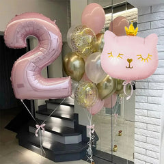 Ihomed 14pcs Pink 40inch Number Cat Animal Foil Balloons 2nd Happy Birthday Party Decorations Kids Girl Baby 2 2th Year Old Supplies