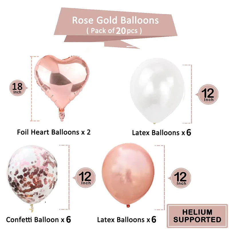 Ihomed 20pcs Rose Gold Heart Confetti Foil Latex Balloons Birthday Party Decorations Adult Kids Boy Girl Baby Shower Wedding Supplies