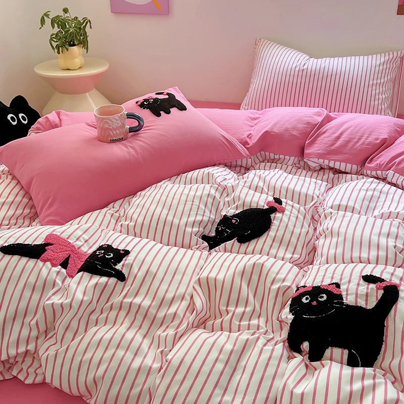 Ihomed Cartoon Kawaii Cat Bedding Set Purple Duvet Cover Flat Sheet Pillowcase Kids Girls Bed Linen Bedspread Full Twin Size NO Filling