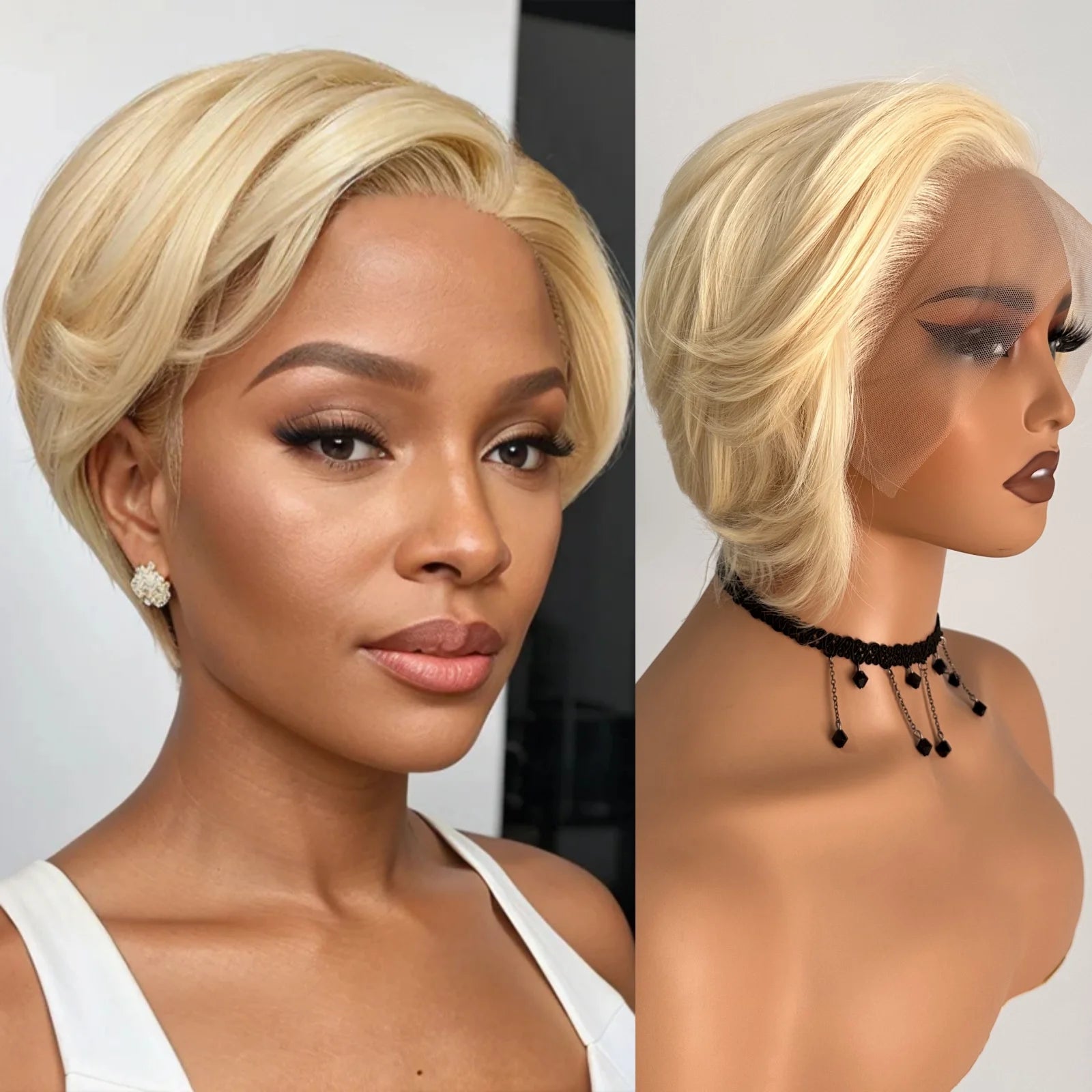 Ihomed 613 Blonde Pixie Cut Wig Straight Short Bob Synthetic Lace Front Wig Glueless Colored Hair Frontal Lace Wigs for Women Daily