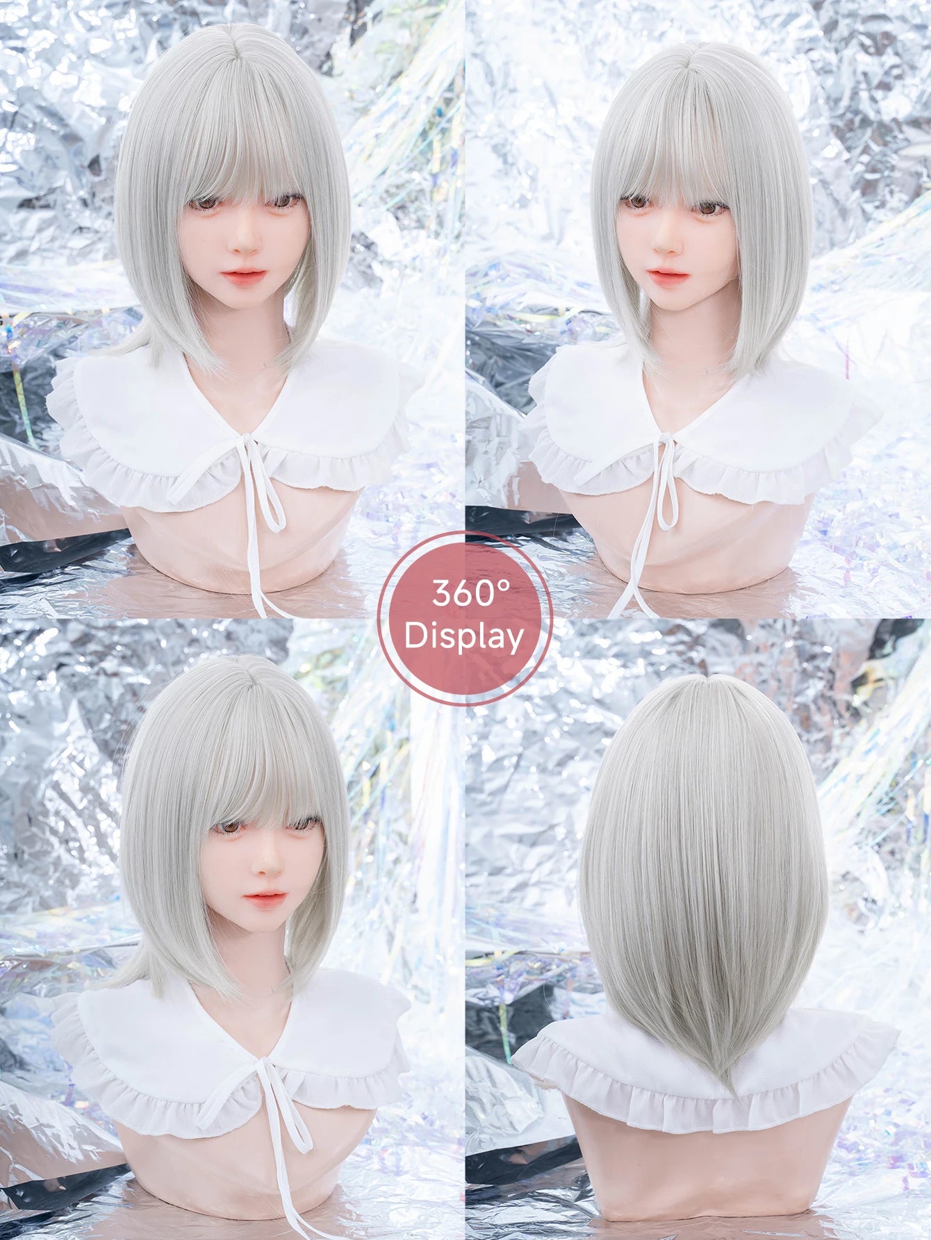 Ihomed 14Inch Mechanical Princess Silver Gray Synthetic Wigs with Bang Short Straight Hair Wig for Women Daily Cosplay Heat Resistant