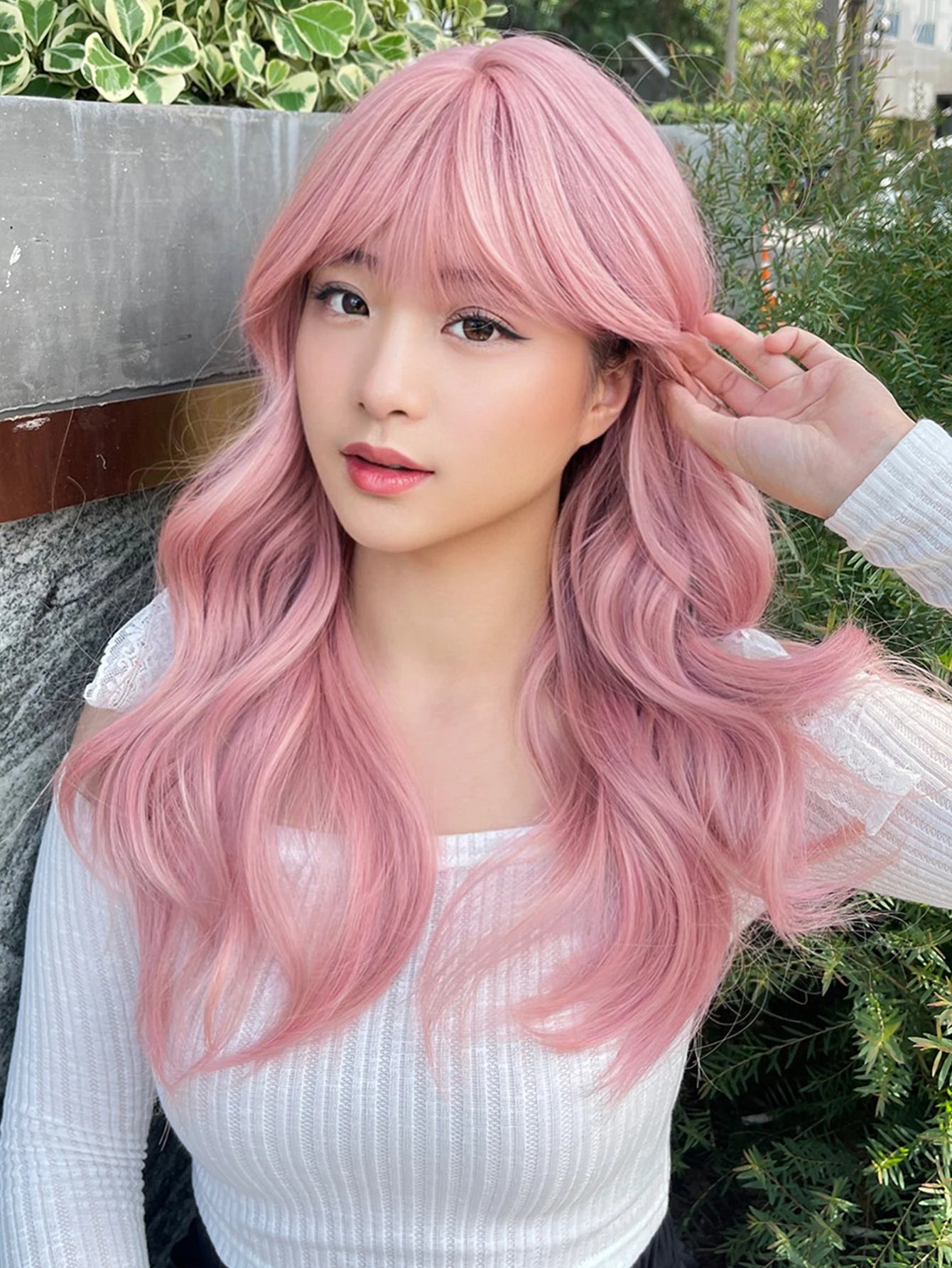 Ihomed 20Inch Peachy Pink Pretty Lolita Synthetic Wigs with Bang Medium Natural Wavy Hair for Women Daily Use Cosplay Heat Resistant