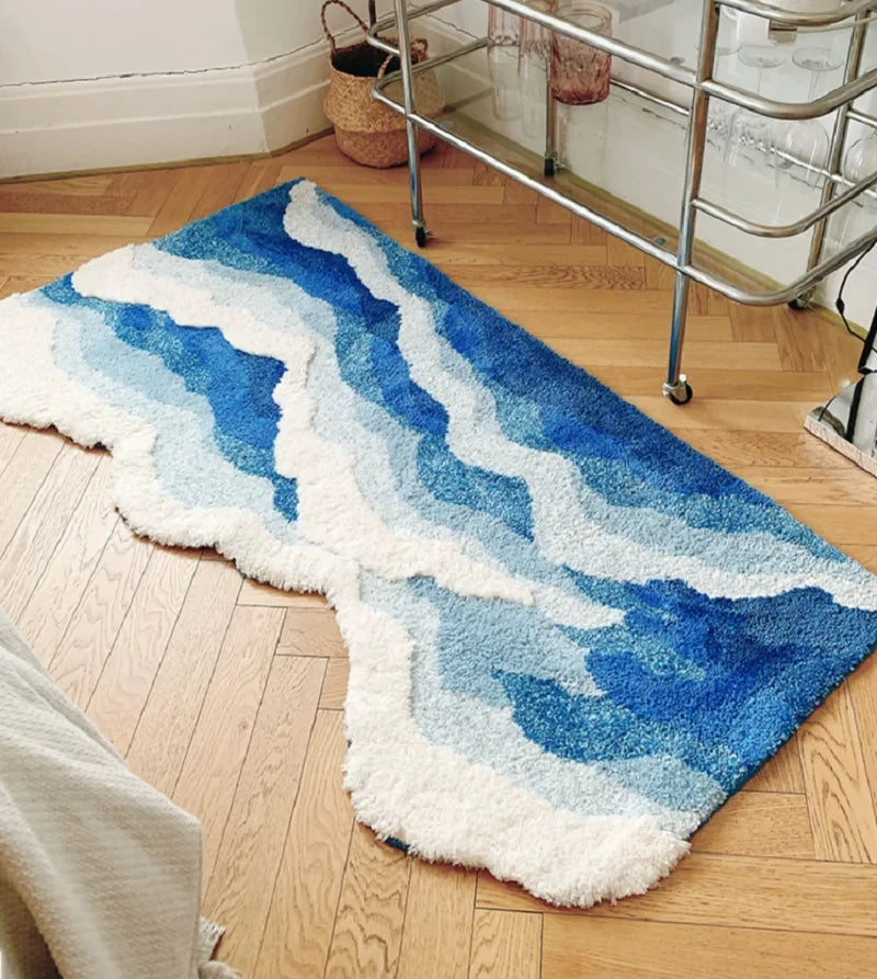 Ihomed Blue Sea Pattern Tufted Rug Flocking Carpet Aesthetic Home Pad Funny Japanese Style Tufting Rug Cute Floor Pad Anti Slip Doormat