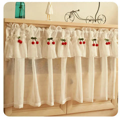 Ihomed Korean Style Fresh Linen Short Curtain for Kitchen Small Window Half Curtain Cherry Decorative Valance Tulle Door Curtain Drape