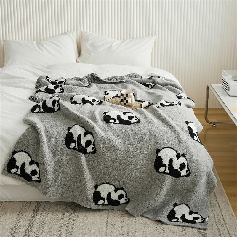 Ihomed Cute Panda Knitted Blanket Cozy Beige Plush Sofa Throw Grey Animal Leisure Blankets For Home Outdoor Festive Gift Decor 130*160