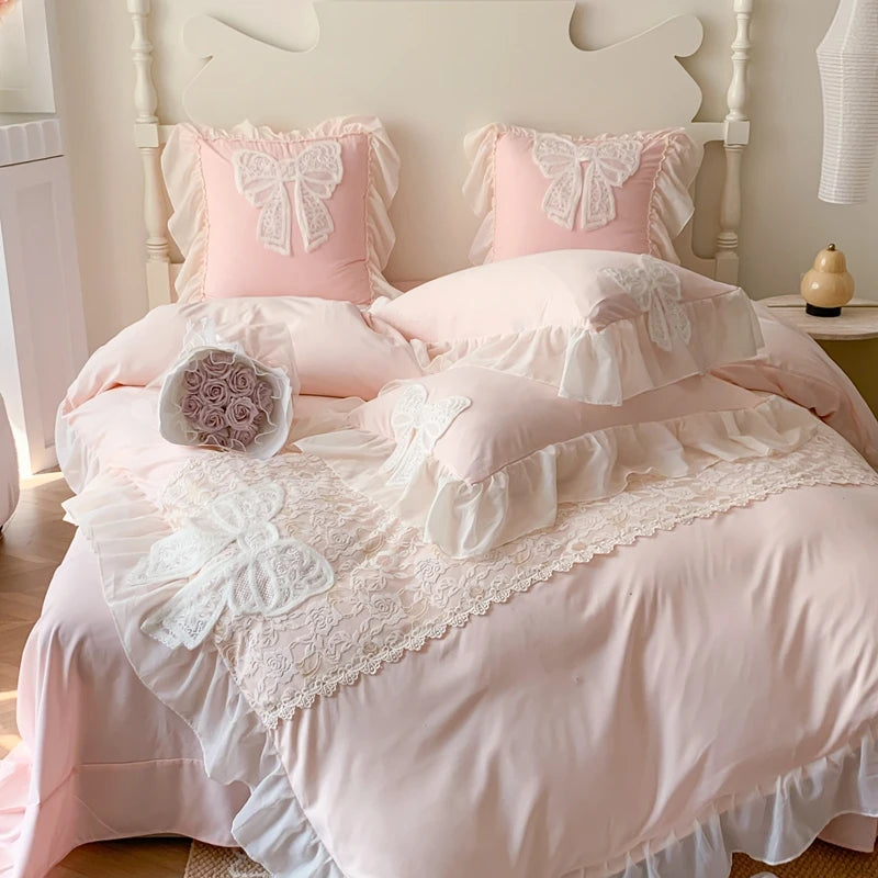 Ihomed Korean Princess Bedding Set Coquette Lace Bow  Beauty Solid Color Lace Ruffle Comforter Sets Luxury Girls Wedding  Duvet Cover