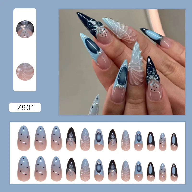 Ihomed 24pcs Blue French False Nails Summer Sea Shell 3D Flower Pearl Fake Nail Tips For Girls Women Ins Fashion Almond Press On Nails