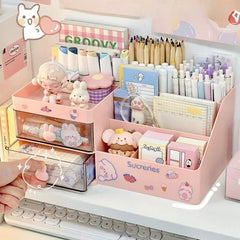 Ihomed Desktop Cosmetic Storage Box Organizer Drawer Office Storage Rack Stationery Desk Pen Holder Bunny Drawer Organizer Cute Kawaii