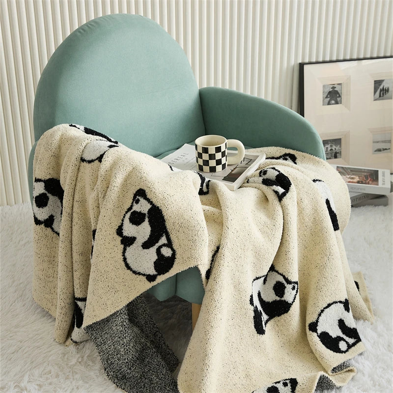 Ihomed Cute Panda Knitted Blanket Cozy Beige Plush Sofa Throw Grey Animal Leisure Blankets For Home Outdoor Festive Gift Decor 130*160