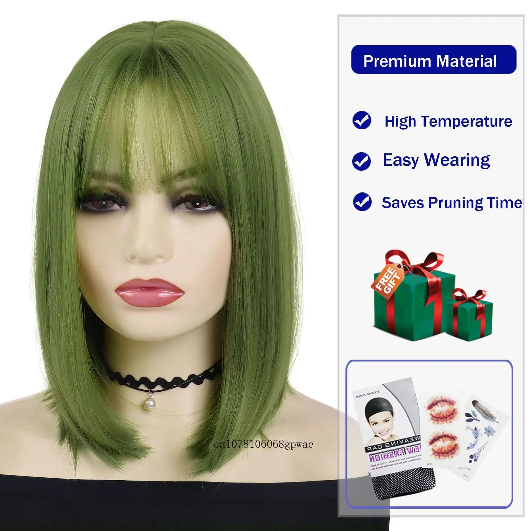 Ihomed Green Halloween Cosplay Wig Synthetic Natural Soft Short Bob Wigs with Bangs for Women Lady Masquerade Party Heat Resistant