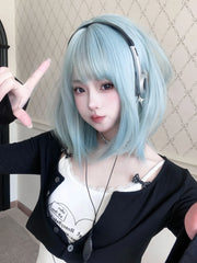 Ihomed 16Inch Ice Blue Color Synthetic Lolita Wig With Bang Medium Natural Straight Hair Wigs for Women Daily Cosplay Heat Resistant