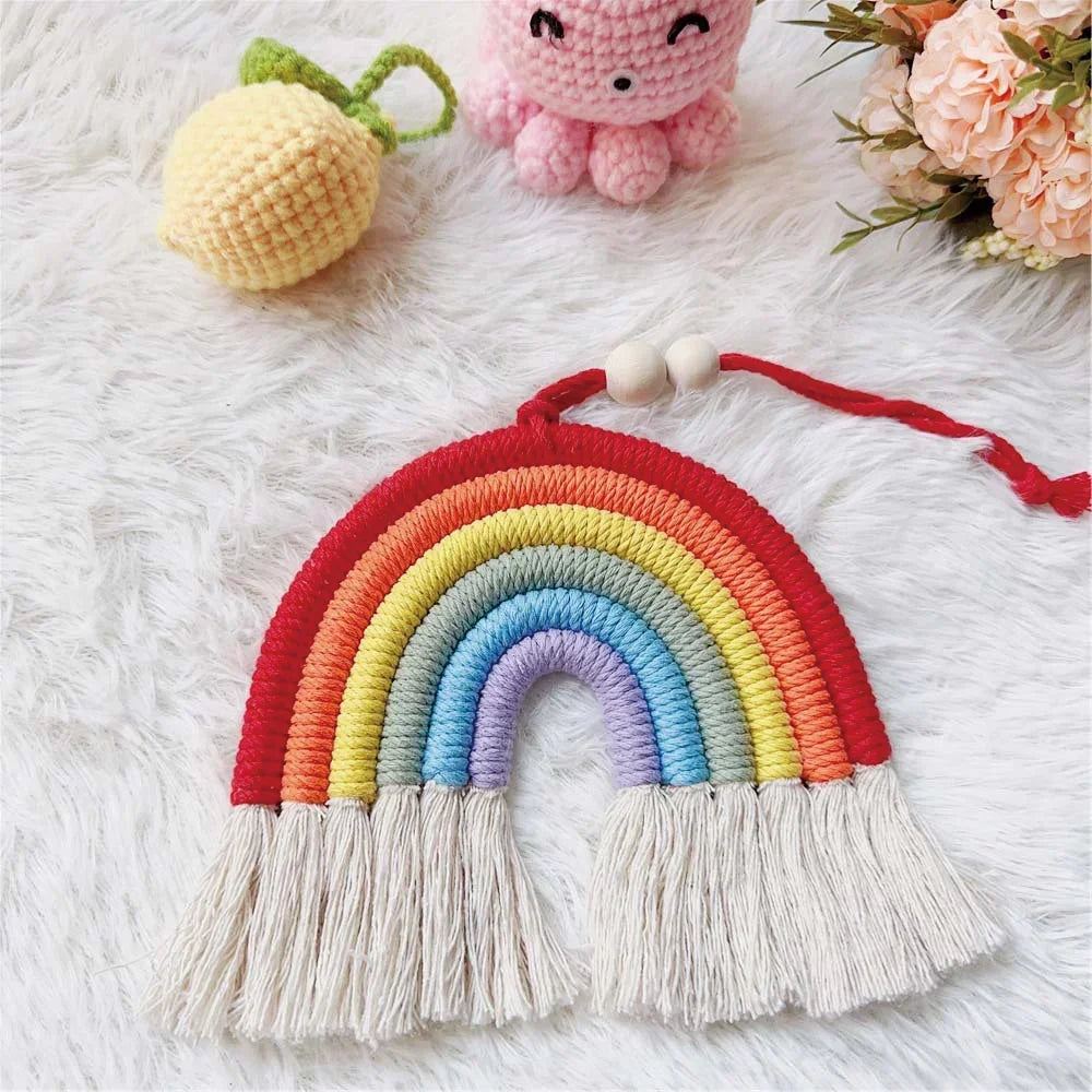 Ihomed Handmade Woven Cotton Rope Rainbow Tassels Bead Boho Style Pendants Rainbow Children'S Room Wall Hanging Holiday Decoration