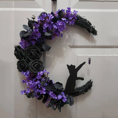 Ihomed Gothic Wreath Decoration Handmade Artificial Moon Cat Garland Durable Halloween Door Hanging Decor for Indoor Outdoor Home Decor