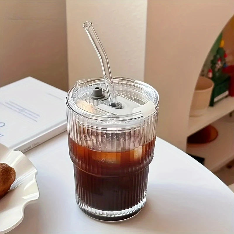 Ihomed 1pc 450ml Stripe Glass Cup Transparent Glasses With Lid and Straw Ice Coffee Mug Tea Cup Juice Glass Milk Water Cup Drinkware