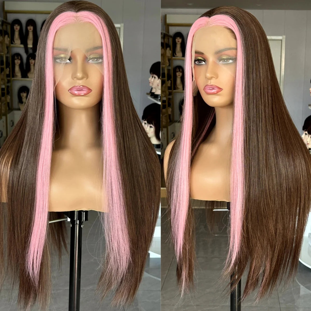 Ihomed Brown Highlight Wig with Pink Streak Long Straight Synthetic Lace Front Wig 13X4 Brunette Colored Hair Frontal Wigs for Women