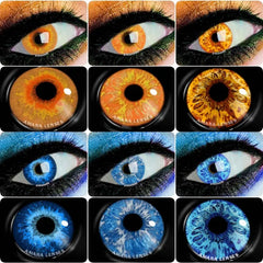 Ihomed 2Pcs Halloween Colorful Contacts Lenses Anime Cosplay Eyes Lens Blue Yellow Multicolored Lenses Yearly Beautiful Pupils