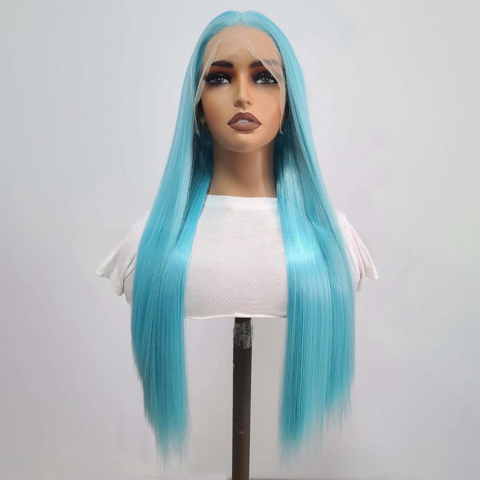 Ihomed Blue Wig Long Straight Synthetic Lace Front Wig Glueless Ready to Wear Cosplay Party Light Blue Hair Lace Frontal Wigs for Women