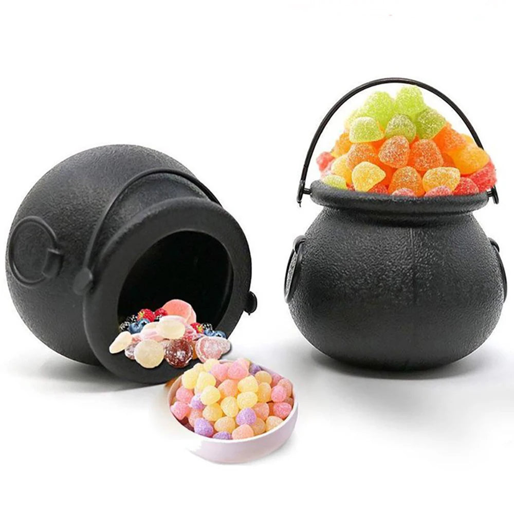 Ihomed Halloween Witch Cauldron Decoration,Mini Black Plastic Witches Cauldron,Halloween Candy Basket,Trick Or Treat Bucket