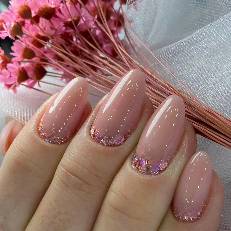 Ihomed 24Pcs Glod Aurora Almond False Nails Glitter Simple Rhinestones Wearable False Nails Colorful Full Cover Press on Nails Tips Art