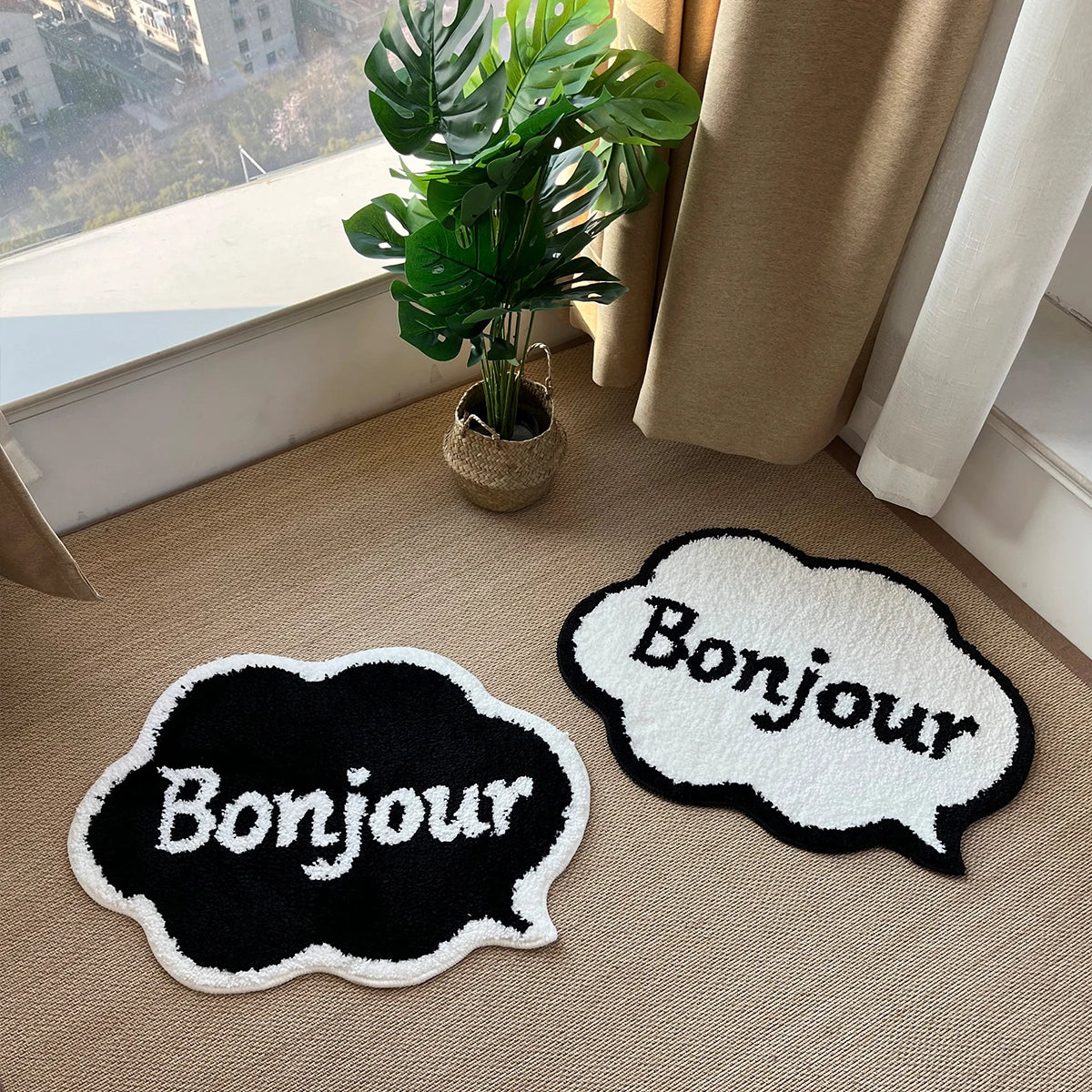 Ihomed Black and White Bonjour Letter Tufted Rug Soft Mat Water Absorbent Non-Slip Ins Hotsell Simple Bathroom Carpet Art Decorations