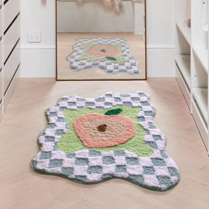 Ihomed Tufted Fruit Bathroom Mat Soft Fluffy Grids Rug Bedroom Bedside Carpet Door Floor Anti Slip Pad Aesthetic Home Warm Decor