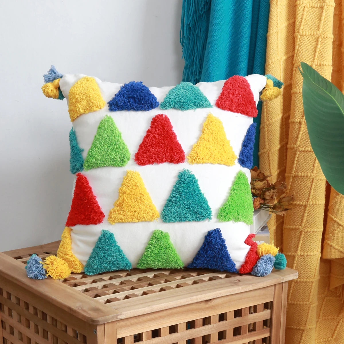 Ihomed 1Pc Morocca Tufted Throw Pillow Covers, Rainbow Pattern Decorative Pillow Cases with Tassels for Couch Sofa Bedroom Living Room