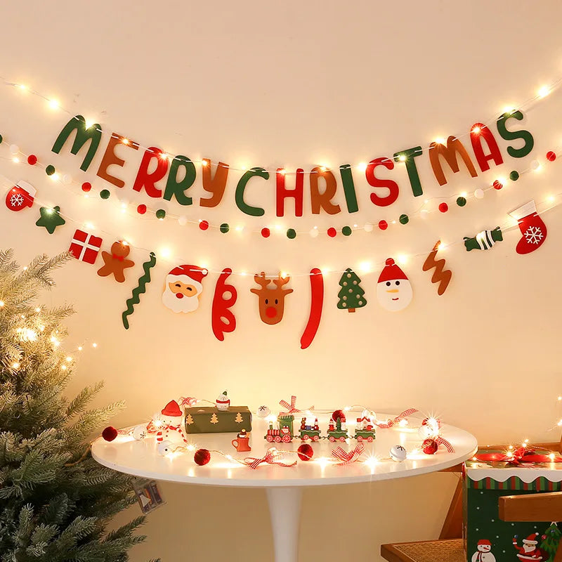 Ihomed DIY Handmade LED String Light Decorated Merry Christmas Holiday Hanging Home Room Background Pull Flag Banner Christmas Pendant