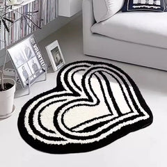 Ihomed Black White Tufting Bedroom Rug Double Heart Shape Carpet Bathroom Mat Soft Bedside Floor Tidy Pad Doormat Aesthetic Home Decor