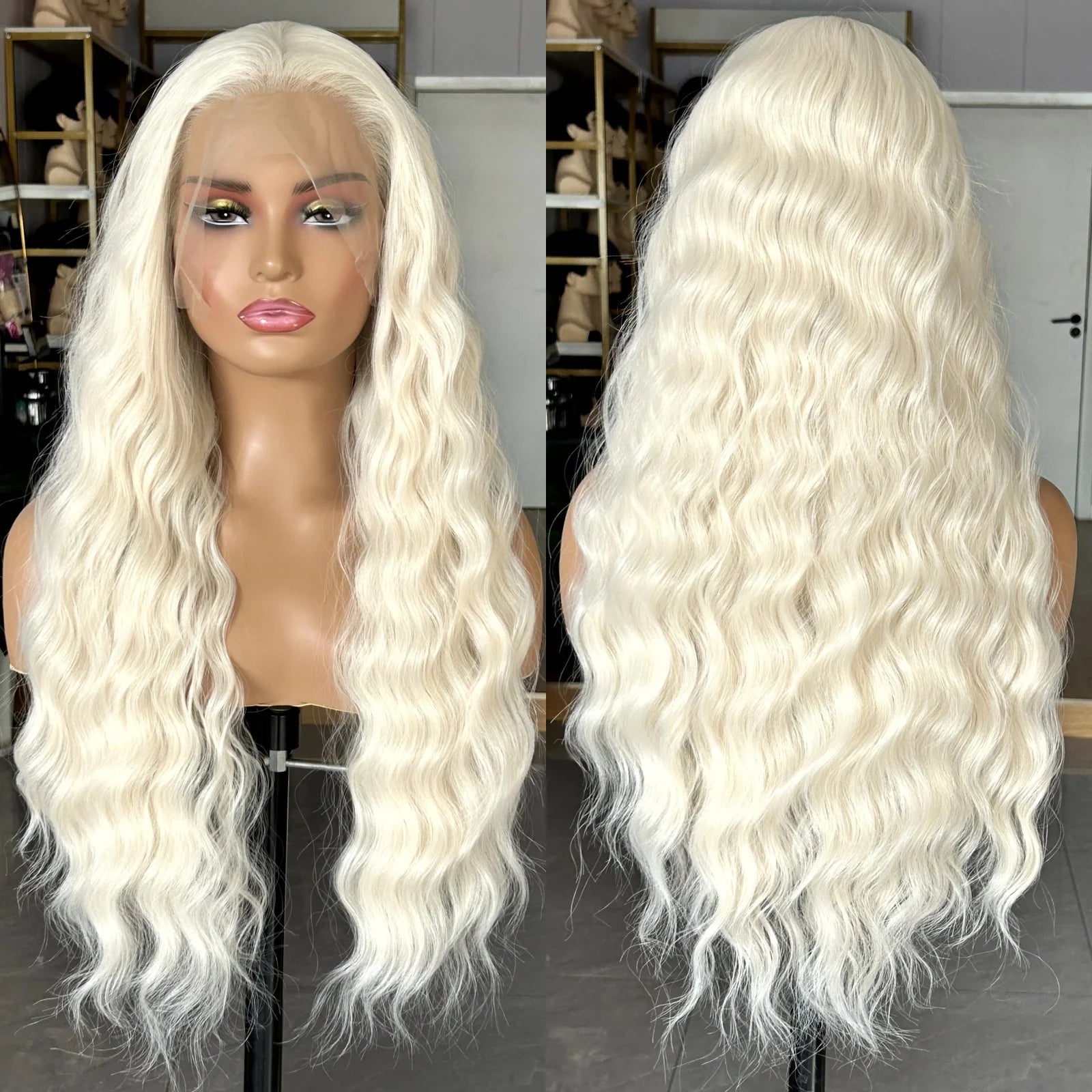 Ihomed Long Wavy White Blonde Hair Synthetic Lace Front Wig for Women Natural Loose Curly Platinum Blonde 13X4 Frontal Wigs for Women