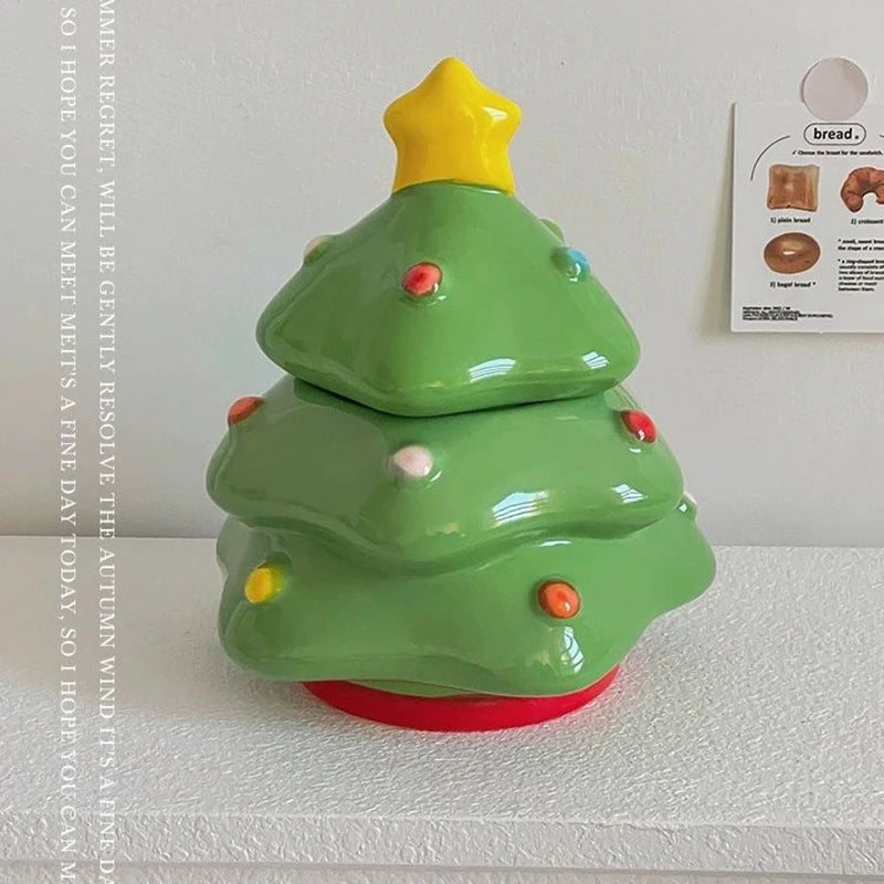 Ihomed Green Christmas Tree Ceramic Storage Candy Jar Nordic Table Ornament Creative Home Decoration Kitchen Candy Biscuits Storage Jar