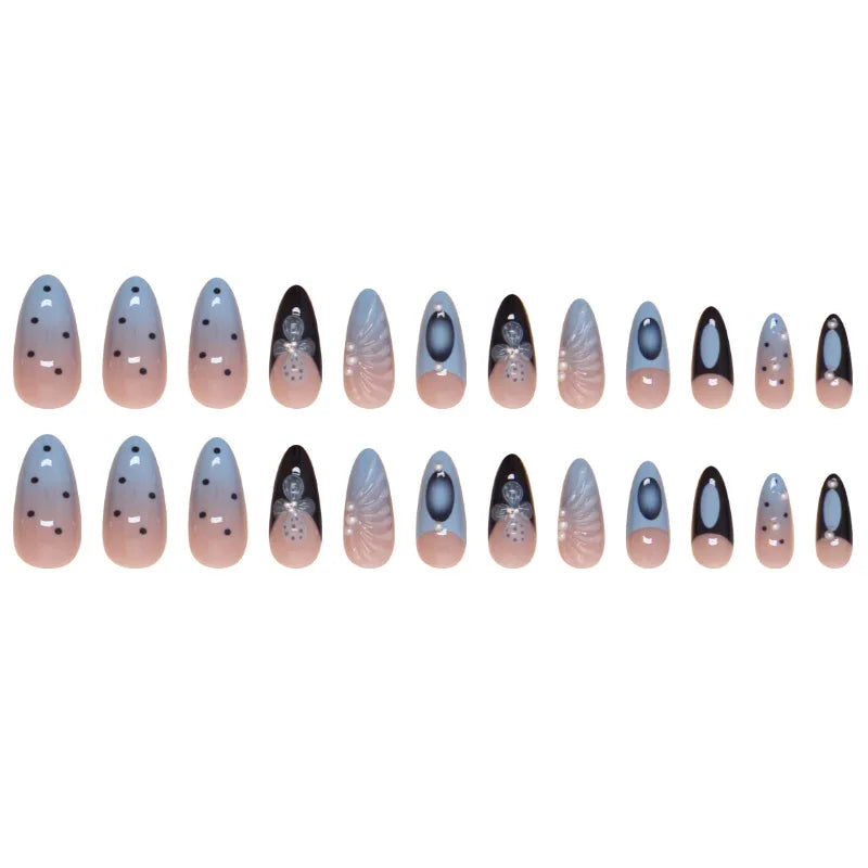 Ihomed 24pcs Blue French False Nails Summer Sea Shell 3D Flower Pearl Fake Nail Tips For Girls Women Ins Fashion Almond Press On Nails