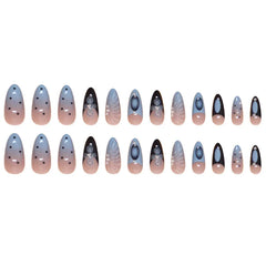 Ihomed 24pcs Blue French False Nails Summer Sea Shell 3D Flower Pearl Fake Nail Tips For Girls Women Ins Fashion Almond Press On Nails