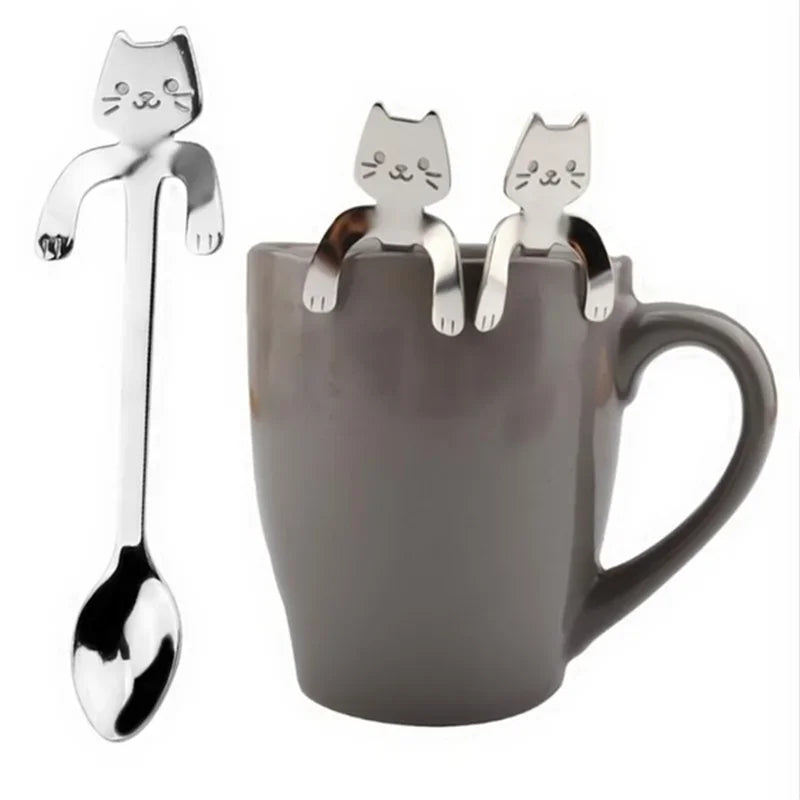 Ihomed 4pcs Stainless Steel Cute Cat Spoons Coffee Tea Ice Cream Teaspoons Spoon Dessert Snack Scoops Home Flatware Kitchen Accessories