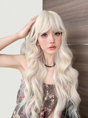 Ihomed 28Inch Blonde Platinum Golden Lolita Synthetic Wigs With Bang Long Wavy Hair Wig for Women Cosplay Daily Use Heat Resistant