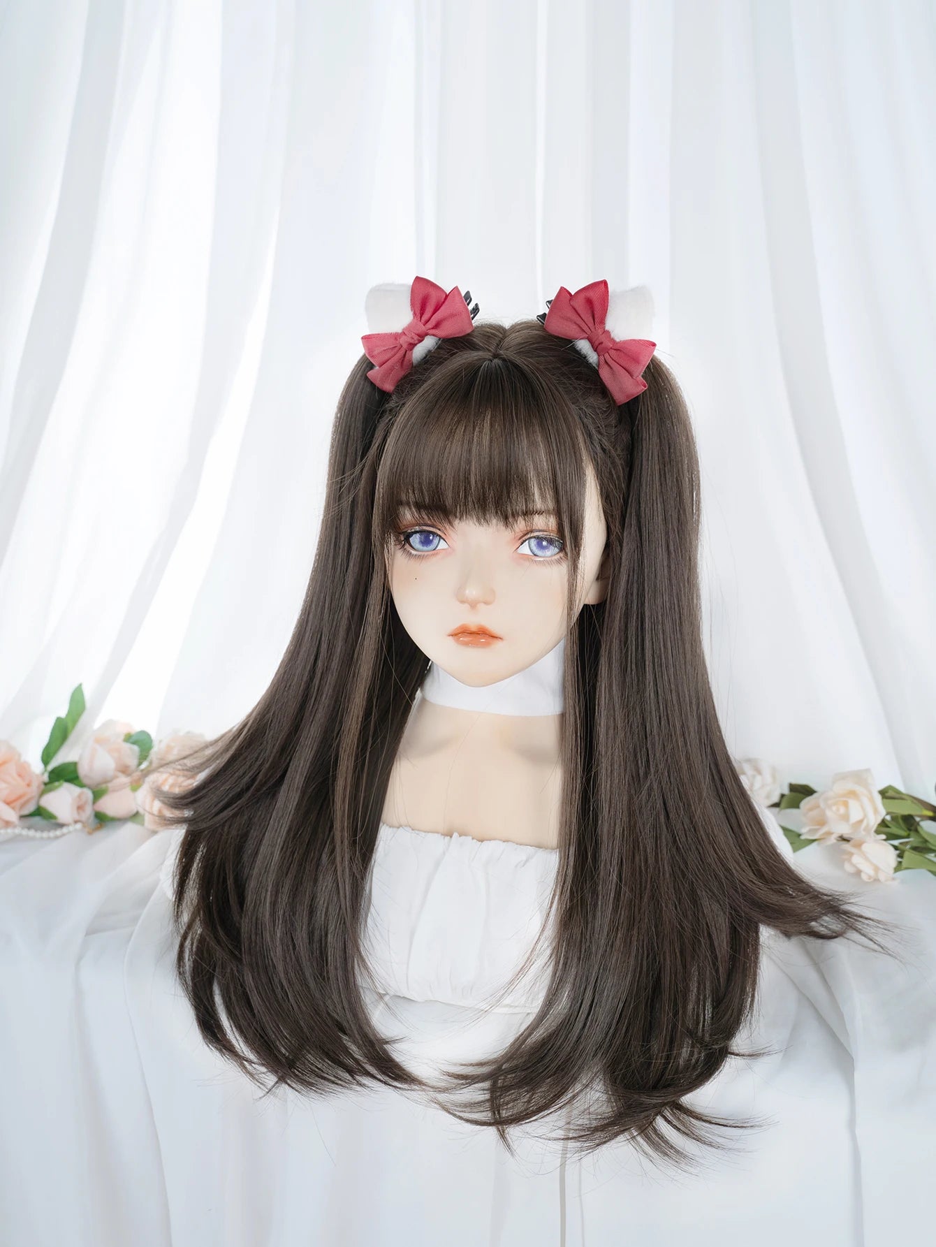 Ihomed 24Inch Cold Brown Synthetic Wigs With Bang Long Natural Straight Hair Wig for Women Daily Use Cosplay Heat Resistant Lolita