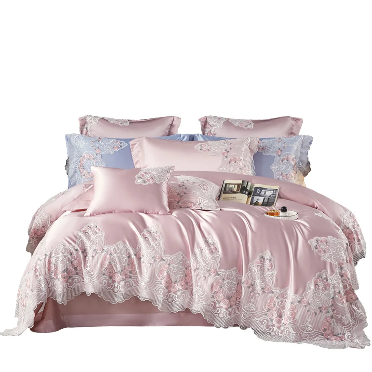 Ihomed High end Hotel Wedding Bedding Set Bed Linen Duvet Cover Set With Embroidery 600 Thread Long Staple Cotton Pink Princess 3/4 PCS