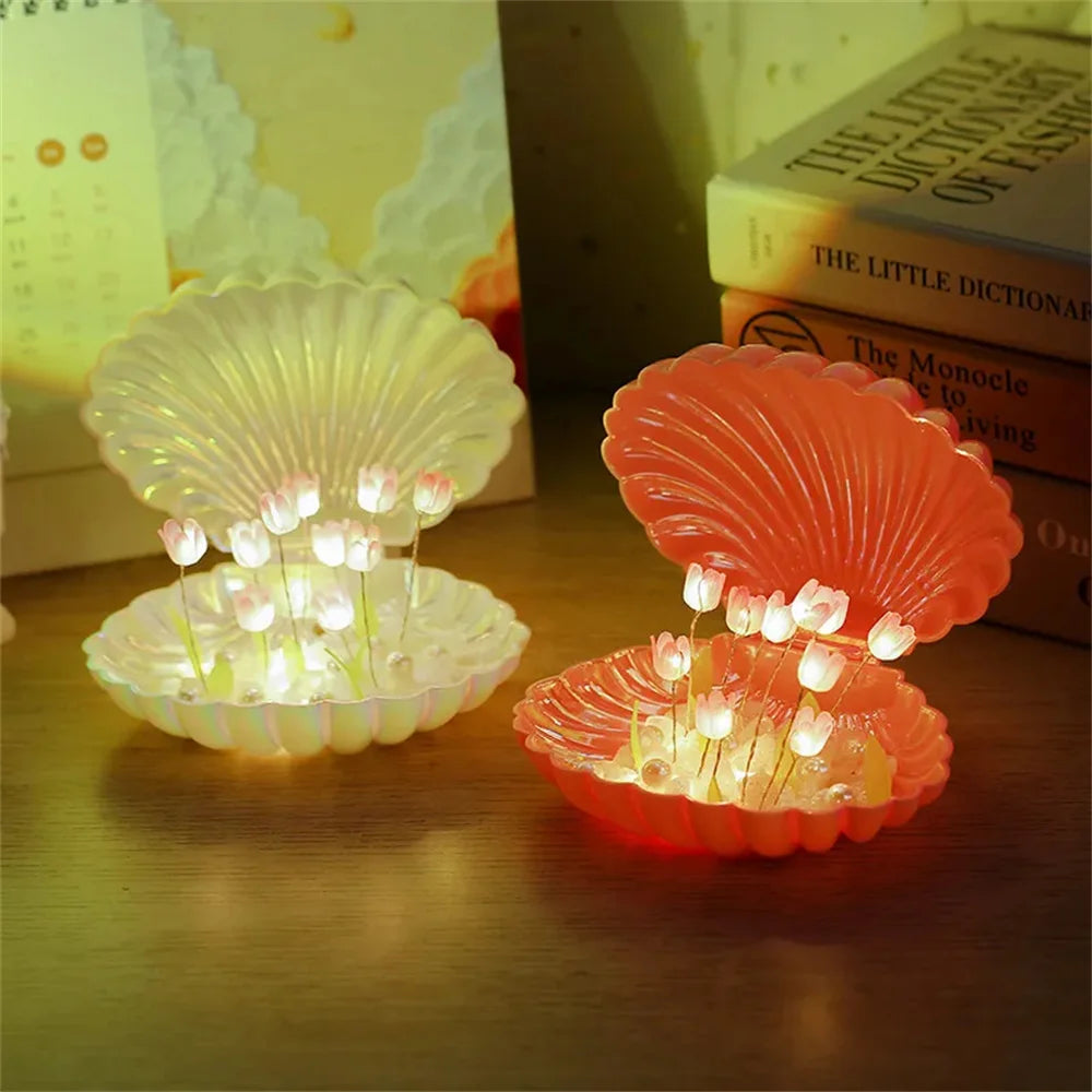 Ihomed Tulip Seashell Nightlight DIY Tulip Night Light Cute Handmade Tulip Flower DIY Bedside Lamp for Birthday Christmas Gift Romantic