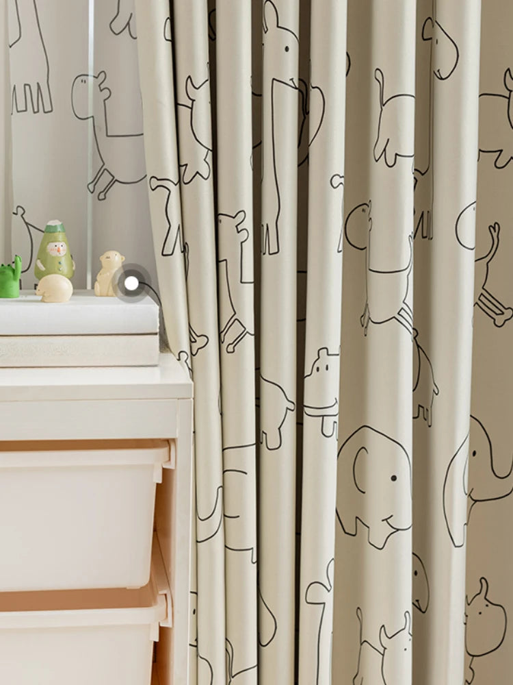 Ihomed Cute Cartoon Children's Bedroom Curtains Black White Minimalist Living Room Decoration Window Screen Animal Blackout Curtain IG