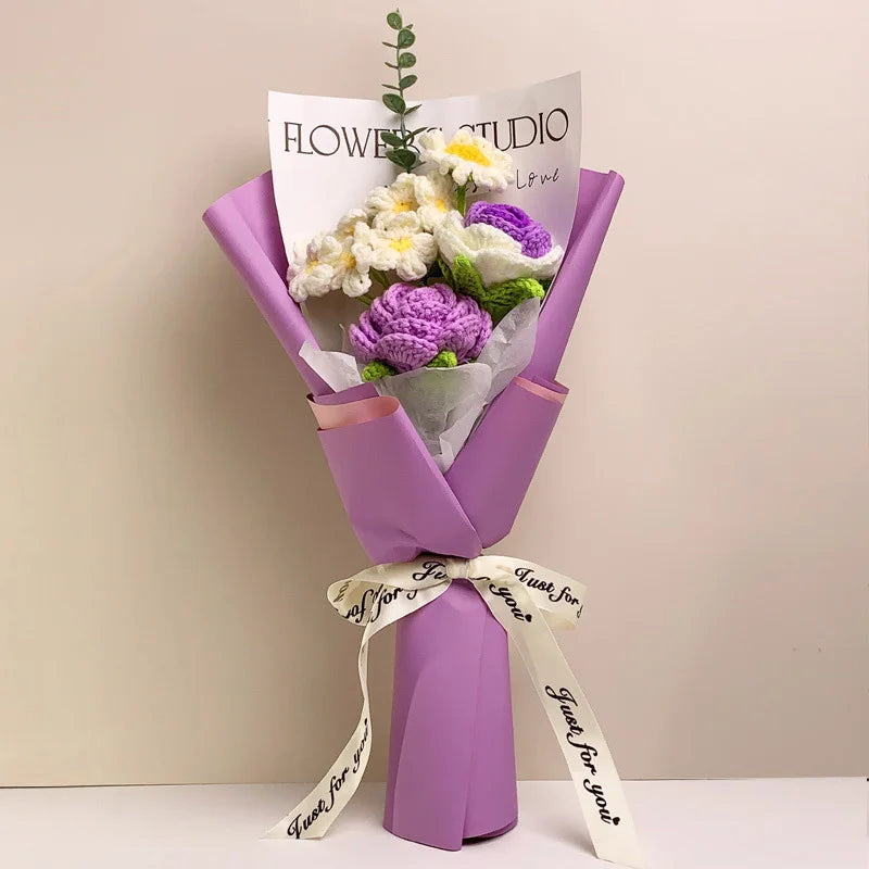 Ihomed DIY Finished Knitted Flowers Bouquets Kit Mother's Day Gift Crochet Bouquet Creative Artificial Flowers Birthday Handmade Gift