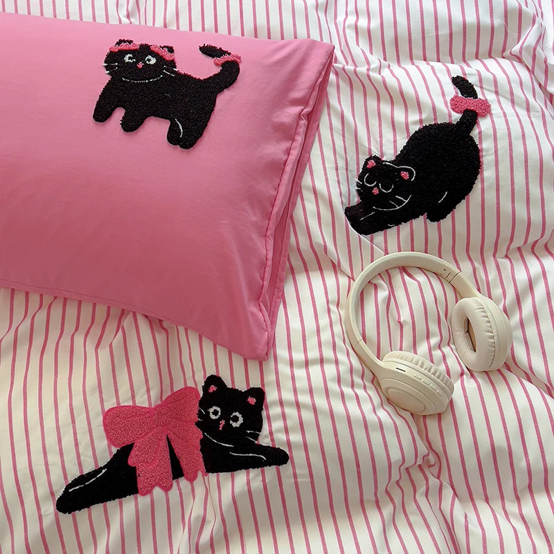 Ihomed Cartoon Kawaii Cat Bedding Set Purple Duvet Cover Flat Sheet Pillowcase Kids Girls Bed Linen Bedspread Full Twin Size NO Filling