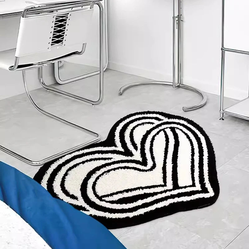 Ihomed Black White Tufting Bedroom Rug Double Heart Shape Carpet Bathroom Mat Soft Bedside Floor Tidy Pad Doormat Aesthetic Home Decor