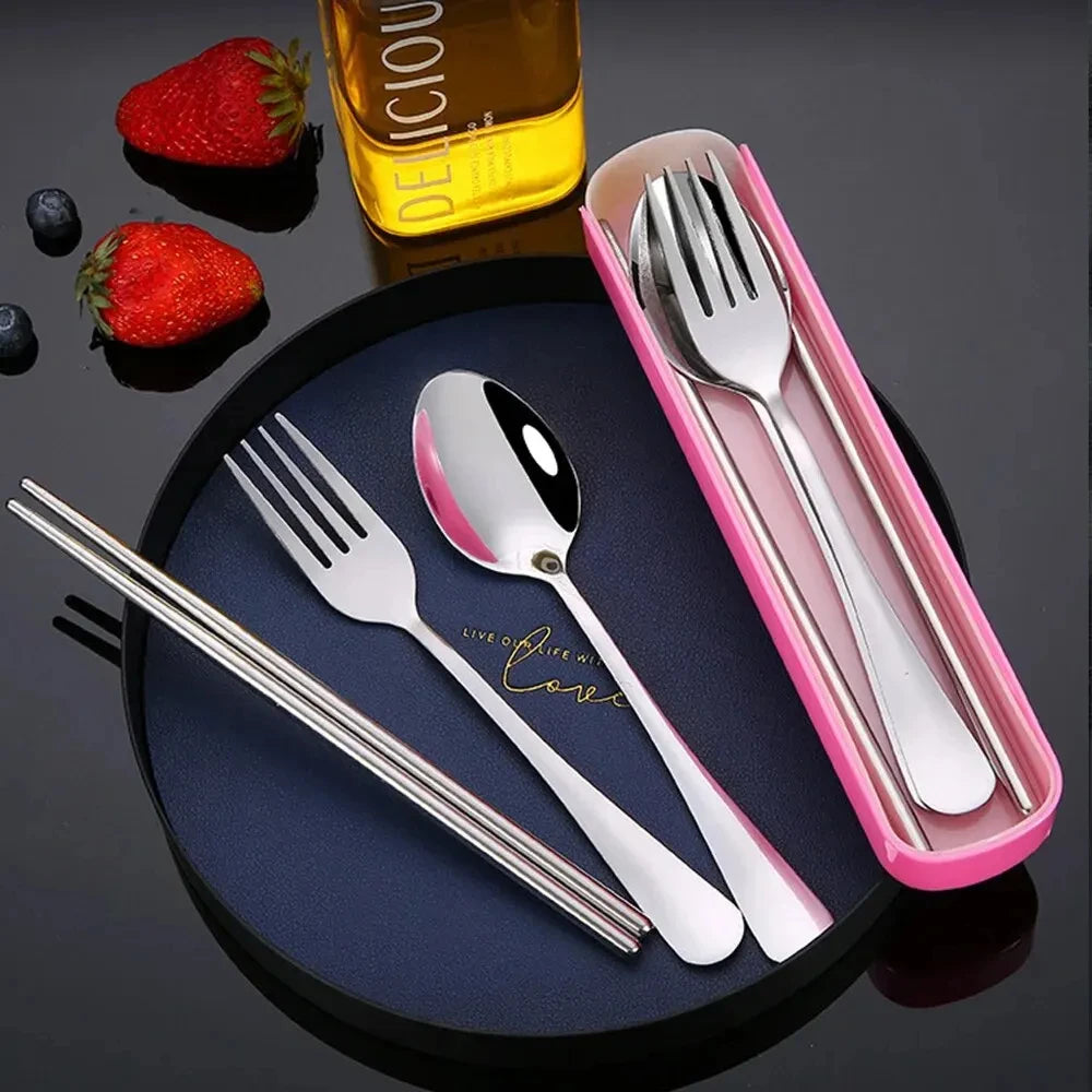 Ihomed 3Pcs/Set Stainless Steel Portable Tableware Set - Durable and Collectible Fork, Spoon, Chopsticks with Box Perfect for Outdoor